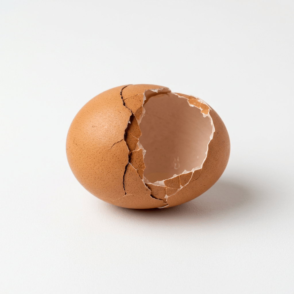 Brown eggshell cracked open with empty interior on white background