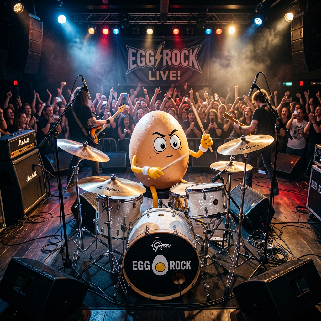 Animated egg playing drums on stage at a rock concert with a cheering crowd